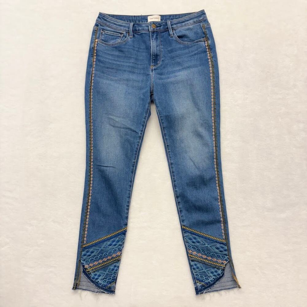 DRIFTWOOD Jackie Embroidered Aztec Southwestern Jeans Asymmetrical Hem Size 29